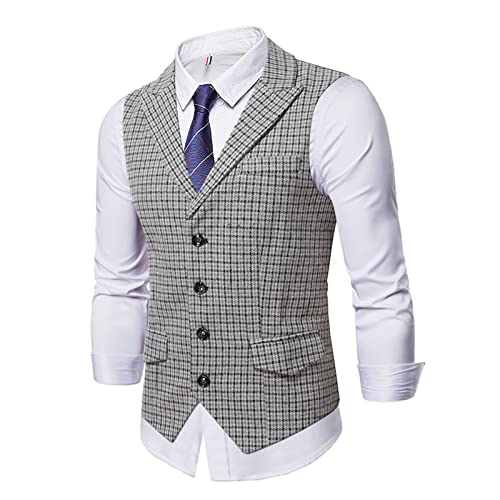 Male Autumn And Winter Suit Wearing Vest Single Breasted Plaid Button Lapel Vest Jacket Cockfighting Jacket (Grey, XXXL)
