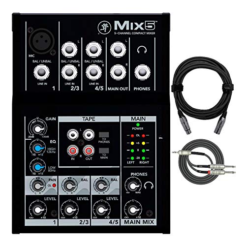 Mackie Mix5 5-Channel Compact Mixer Bundled with Knox Gear 20ft. XLR Cable and 3.5mm TRs to Dual 1/4' TS Breakout Cable (3 Items)