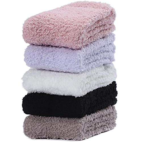 Oricordis Fuzzy Socks for Women, Soft Cozy Fluffy Plush Stocking Super Warm Thick Winter Sleep Socks Microfiber Slipper Cabin Fleece Socks 5 Pairs for Home Indoor