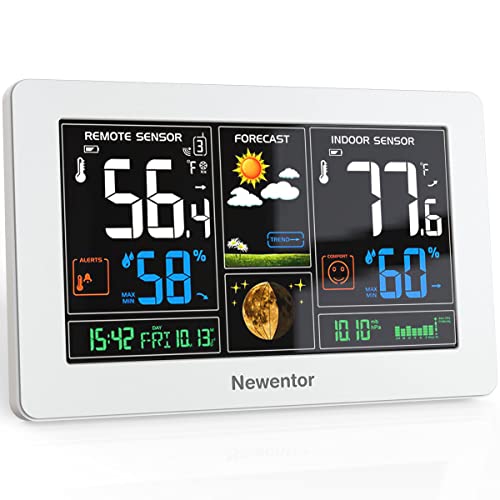 Newentor Weather Station Wireless Indoor Outdoor, Weather Thermometer with Atomic Clock, Large Display Temperature and Humidity Monitor with Alert, Weather Forecast and Barometric Pressure, White