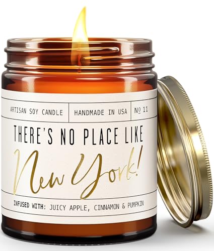 New York Gifts, New York Decor for Home - 'There's No Place Like New York Candle, w/Juicy Apple, Cinnamon & Pumkin I New York Souvenirs I New York State Gifts I 9oz Jar, 50Hr Burn, USA Made