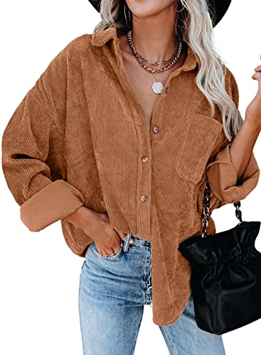Astylish Ladies Long Sleeve Button Up Pocket Shirts Loose Fit Corduroy Jacket Tunic Blouse Tops Orange Medium