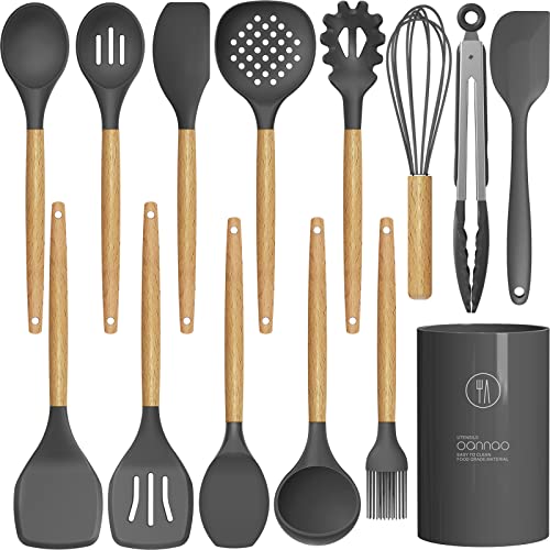 14 Pcs Silicone Cooking Utensils Kitchen Utensil Set - 446°F Heat Resistant,Turner Tongs, Spatula, Spoon, Brush, Whisk, Wooden Handle Gray Gadgets with Holder for Nonstick Cookware (BPA Free)