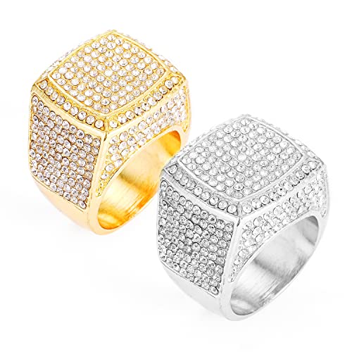 Hip Hop Bling Empire Mens Iced Out Cz Diamond Micro Paved Square Finger Rings #8,9,10,11,12