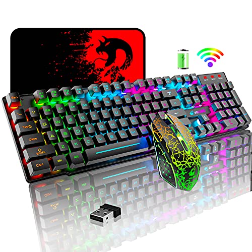 Wireless Gaming Keyboard and Mouse Combo with Rainbow LED Backlit Rechargeable 3800mAh Battery Mechanical Feel,7 Color Gaming Mouse,Mouse Pad for Windows PC Gamers(Black)