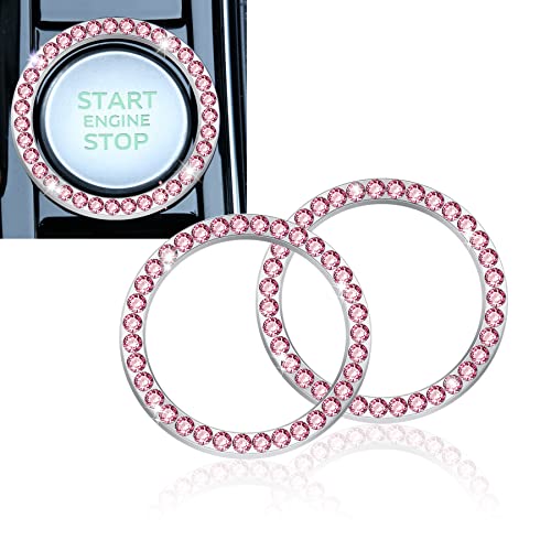 LivTee 2 PCS Crystal Rhinestone Car Engine Start Stop Decoration, Ring Bling Car Interior Accessories for Women, Push to Start Button Cover/Sticker, Key Ignition & Knob Pink.