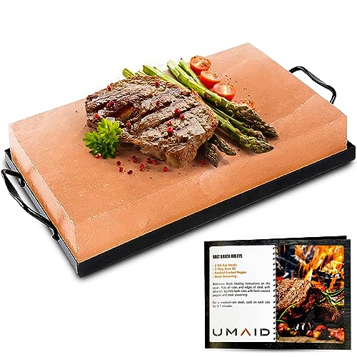 UMAID Himalayan Salt Block Cooking Plate 12x8x1.5 for Cooking, Grilling, Cutting and Serving, Food Grade Rock Salt Stone with Steel Tray & Recipe Pamphlet Unique Gifts for Men, Women, Chefs & Cooks