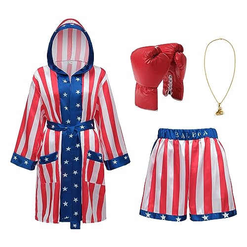 Regenboog Rocky Balboa Costume Men and Women,American Flag Boxing Costume Adult,Satin Boxer Robe Shorts Belt,Boxing Gloves,USA Robe,Halloween,S