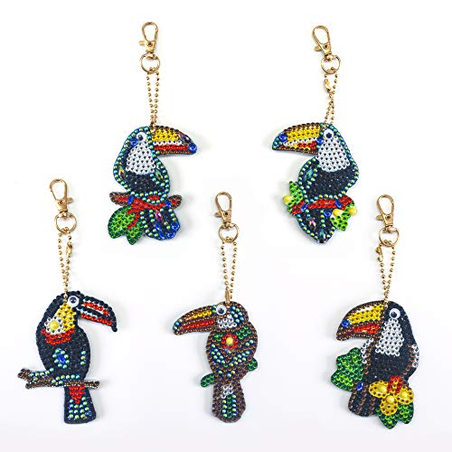 LUSandy 5pcs DIY 5D Parrot Diamond Painting Keychain Kits Full Drill Special Shape Crystal Parrot Birds Diamond Art Key Chain Key Ring Set for Adults and Kids Backpack Purse Handbag Charms