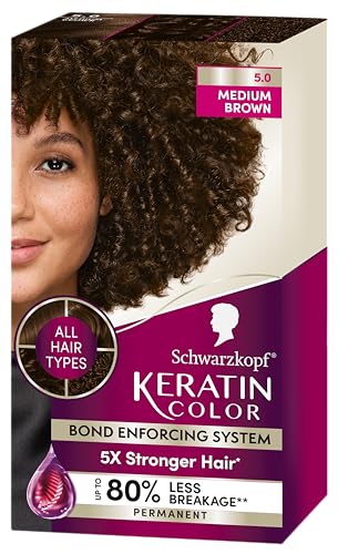 Schwarzkopf Keratin Color Permanent Hair Color, 5.0 Medium Brown, 1 Application - Salon Inspired Permanent Hair Dye, for up to 80% Less Breakage vs Untreated Hair and up to 100% Gray Coverage