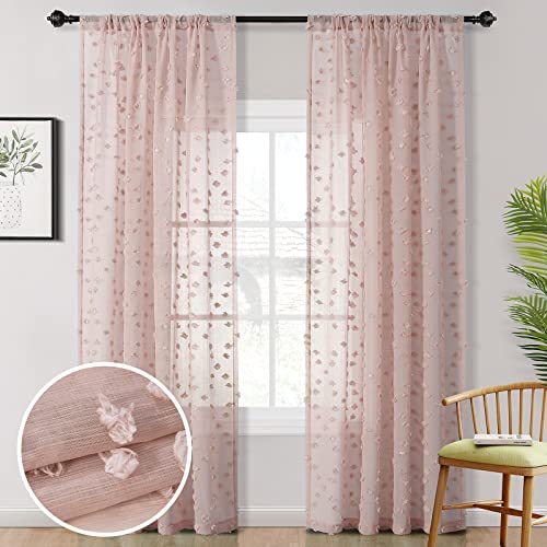 MYSKY HOME Pom Pom Pink Sheer Curtains for Bedroom Light Filtering Semi-Sheer Curtains for Nursery Girls Kids Room Rod Pocket Boho Voile Window Draperies Dusty Pink 52 x 84 inch 2 Panels