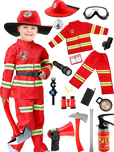 17 Pieces Kids Fireman Costume Set Dress Up Outfits Fire Chief Cosplay for Boys Firefighter Pretend Play Halloween (Fireman Costume Set 1, 6-7 Years (114-123cm))