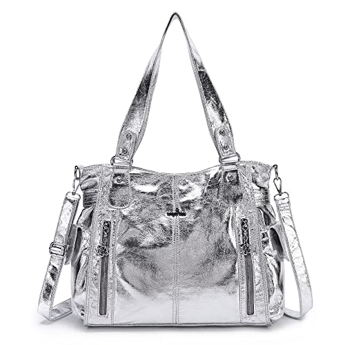 Handbag Hobo Women Shoulder Bag/Handbag Roomy Multiple Pockets Fashion PU Tote, Silver