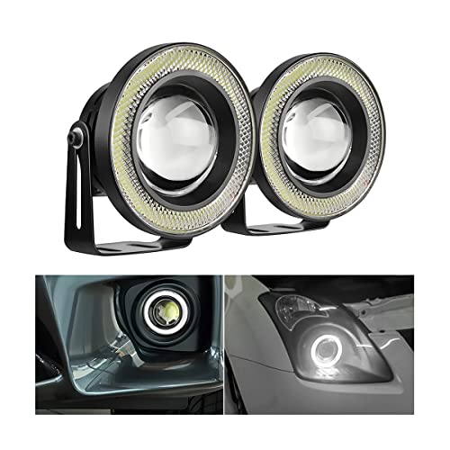 2PCS Car Angel Eye Fog Light, Round COB LED Lamp High Power Bright with White Halo Angel Eye Rings Headlight, Universal Daytime Running Light DRL Car Driving Bulbs Projector (White)