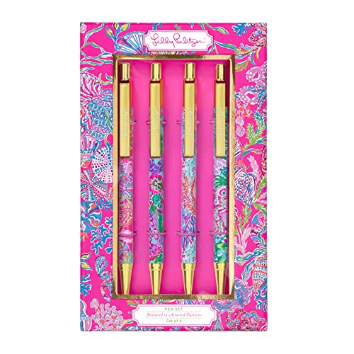 Lilly Pulitzer Black Ink Pen Set of 4, Retractable Pens for Home or Office, Colorful Plastic Click Pens, Shell Me Something Good (Assorted)