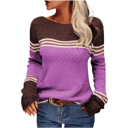 Cyber of Monday Women Trendy 2023 Sweaters Autumn Winter Colorblock Pullover Sweaters Crewneck Striped Slim Fitting Knitwear Tops Knit Cropped Sweater Plus Size Purple L