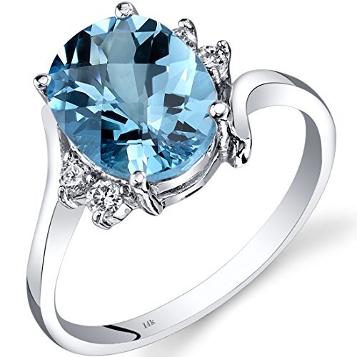 PEORA Swiss Blue Topaz and Diamond Ring for Women 14K White Gold, Natural Gemstone Birthstone, Bypass Solitaire Design, 2.75 Carats Oval Shape 10x8mm, Size 7