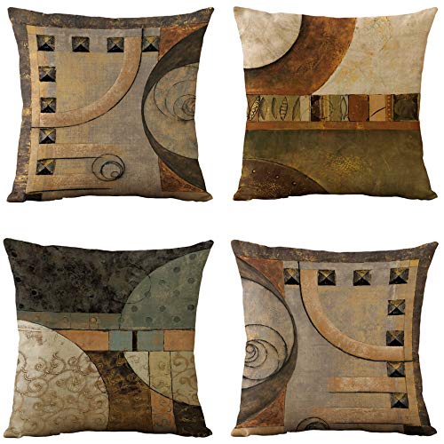 WOMHOPE Set of 4 Vintage Geometric Decorative Throw Pillow Covers Pillow Cases Cushion Cases 18 x 18 Inch for Living Room,Couch and Bed (Brown)