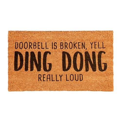 Evergreen Flag Funny Coir Doormat | 28 x 16 Inches | Durable Indoor Outdoor Entrance Rug | Doorbell Broken, Yell Ding-Dong Really Loud
