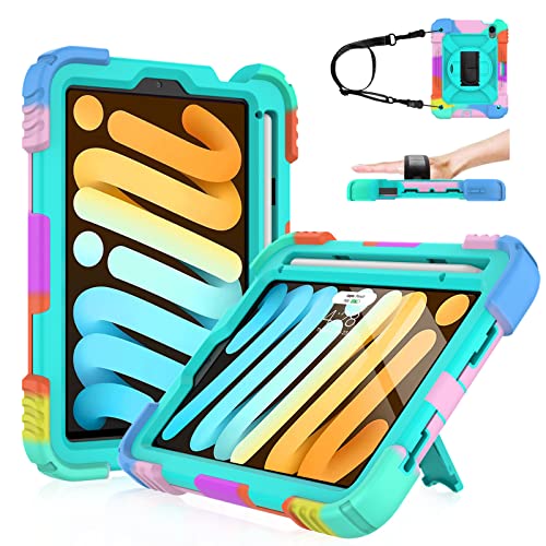 LTROP iPad Mini 6 Case 2021, iPad Mini 6th Generation Case for Kids, Heavy Duty Shockproof Cover with Pencil Holder/360 Rotating Stand/Hand Strap for iPad Mini 6th Generation 8.3 Inch 2021, Aqua Teal