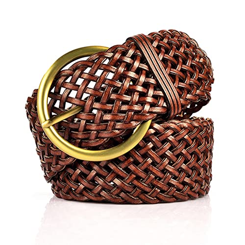 ANNULOYA 2 Inch Wide Leather Braided Belts for Women Hand Made Soft Woven Waistbands with Round Golden Pin Buckle (Brown)