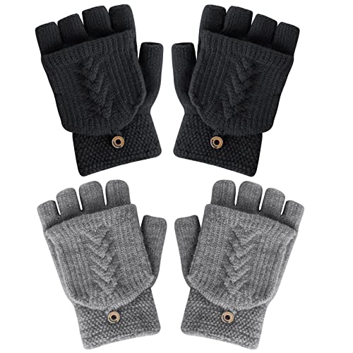 YSense Women's Fingerless Winter Warm Knitted Convertible Mittens Flap Cover 2 Pairs Gloves Wear, Black & Dark Grey, Large