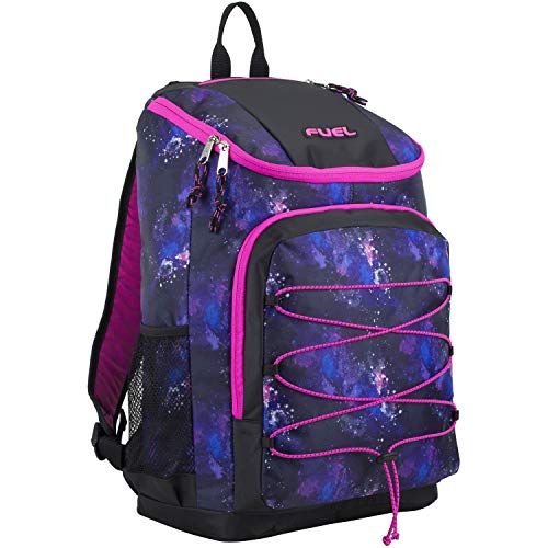 FUEL Wide Mouth Sports Backpack with Laptop Compartment for Classroom, Travel, Outdoors (Galaxy Print/Black/Hot Pink Trim)