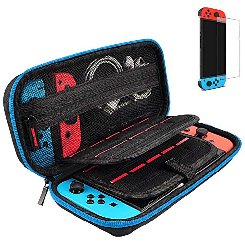 daydayup Switch Case and Tempered Glass Screen Protector Compatible with Nintendo Switch - Deluxe Hard Shell Travel Carrying Case, Pouch Case for Nintendo Switch Console & Accessories, Blue