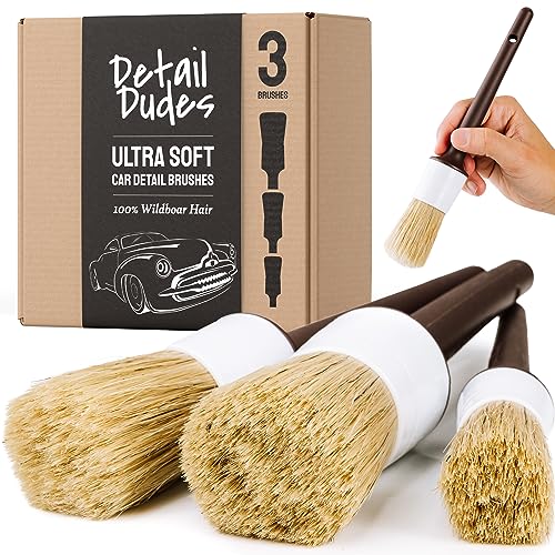 Detail Dudes Car Detailing Brush Ultra Soft Boars Hair Set of 3- Automotive Detail Brushes- Washing & Cleaning for Wheels, Interior Upholstery, Emblem, Air Vent- Vehicles & Auto Interior Detailing Kit