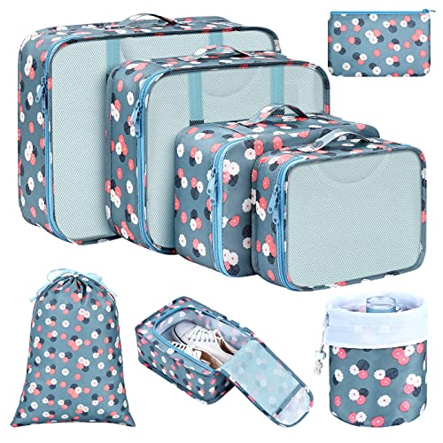 DIMJ 8 Set Packing Cubes for Travel Lightweight Luggage Organizers Suitcase with Laundry Bag & Shoe Bag, Packing Organizers for Luggage with Makeup Bag (Blue Flower)