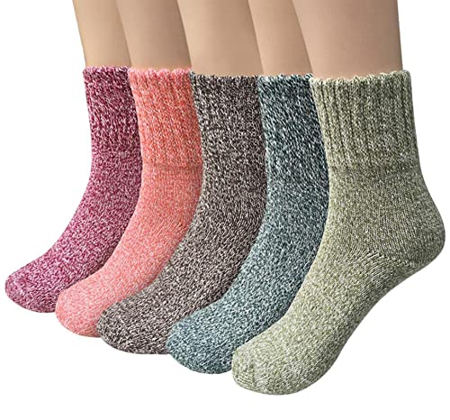 Pack of 5 Womens Thick Knit Warm Casual Wool Crew Winter Socks, Mixed Colors 1- 5 Pack,one size(fits shoe size 5-10)