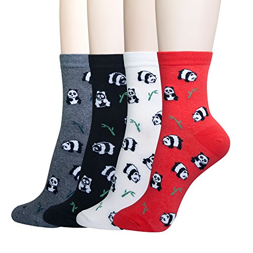 KONY Women's Girls Casual Funny Novelty Crew Socks, Cute Panda Printed Pattern - Gift for Animals Lovers (Cute Panda - 4 Pairs)