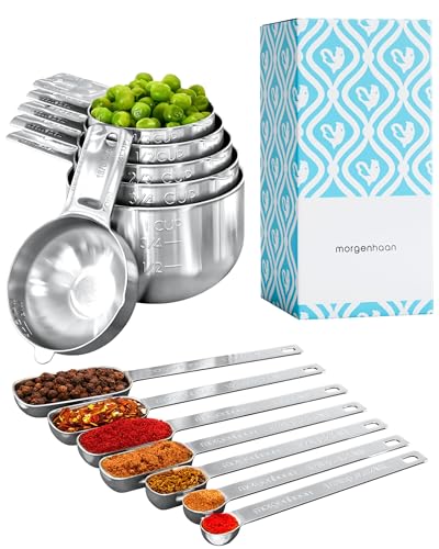Stainless Steel Measuring Cups and Spoons Set - Heavy Duty, Stackable 13-Piece Set - Dry Foods, Liquids, Dishwasher-safe - Professional Metal Kitchen Baking Utensils By Morgenhaan