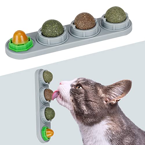 SINROBO Catnip Ball for Cats Wall, 4 Pack, Silvervine Balls, Edible Toys, Lick Safe Healthy Kitten Chew & Teeth Cleaning Dental Toys, Wall Treats (Grey)