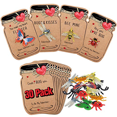 Valentines Day Cards for Kids - 30 Pack Love Bug Card Bulk w 6 Different Bugs Toy - Funny Valentine Exchange Cards for Boys Girls School Class Classroom Party Favors