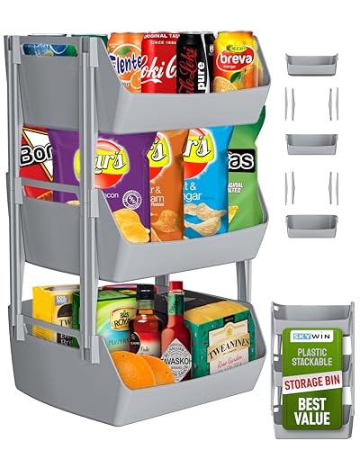 Skywin 3-Tier Plastic Stackable Storage Bins, Grey-Colored, 11.42 x 10.83 x 7.76 Inches, with Brackets for Extra Protection - For Pantry Storage, Kitchen Storage, and Bathroom Storage