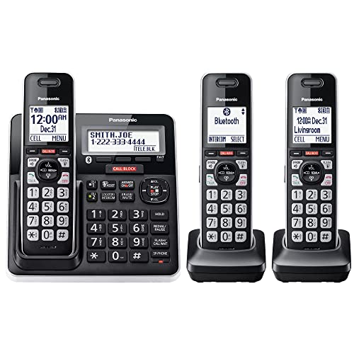 Panasonic Cordless Phone with Advanced Call Block, Link2Cell Bluetooth, One-Ring Scam Alert, and 2-Way Recording with Answering Machine, 3 Handsets - KX-TGF973B (Black with Silver Trim)