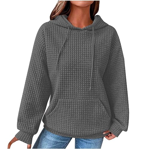 Womens Waffle Knit Hoodies Casual Long Sleeve Cute Football Print Sweatshirts Drawstring Trendy Pullover Tops 2023 oversized hoodies for women plus size Dark Gray XXL