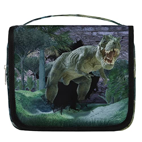 OMFUNS Cool Dinosaur Toiletry Bag for Women Men with Hanging Hook Forest Animal Travel Cosmetic Bag Makeup Case Shaving Bag Organizer Pouch Bathroom Shower Toiletries Accessories