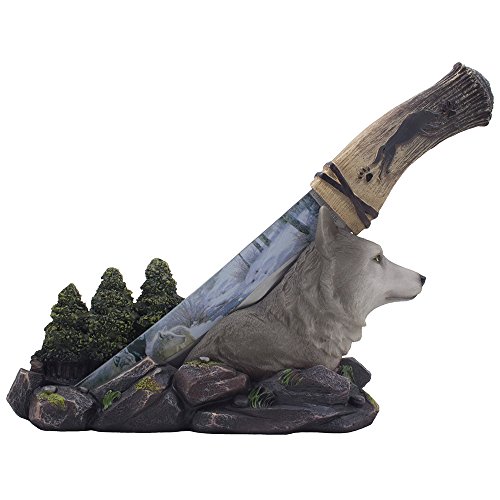 Decorative Gray Wolf Hunting Knife on Display Stand with Stainless Steel Blade for Rustic Cabin & Lodge Decor As Shelf, Mantel or Desk Decorations or Gifts for Hunters and Outdoorsmen