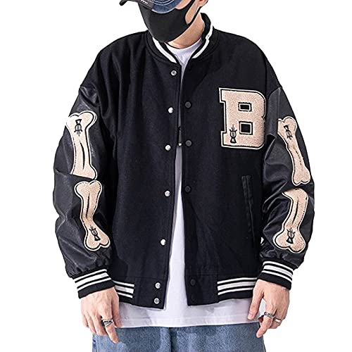 Moshtashio Mens Varsity College Jacket Baseball Bomber Jacket Vintage Sweatshirt Casual Unisex Streetwear Coats with Patch (Black, Large)