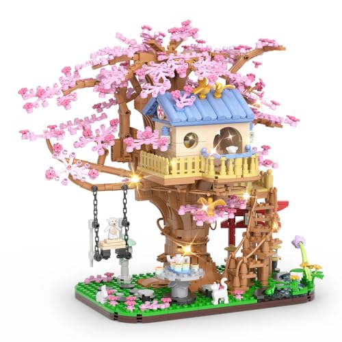 LEGPS YYDS Sakura Blossom Tree House Building Set, LED Mini Set Treehouse Blocks for Boys and Girls Age 14+,1446pcs