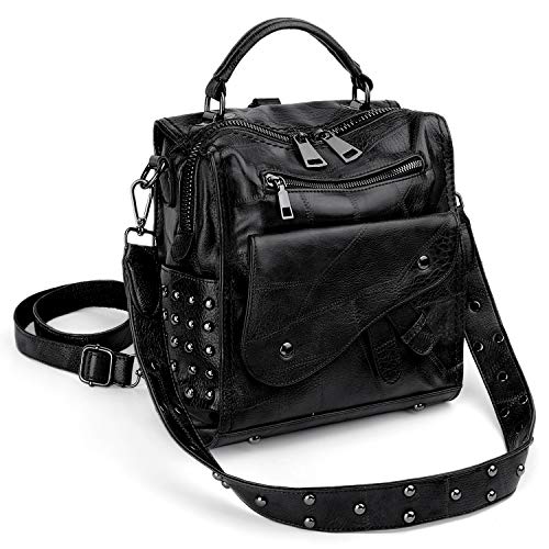 UTO Women Studded Backpack Purse PU Leather Convertible Ladies Rucksack Zipper Pocket Crossbody Shoulder Bag Black