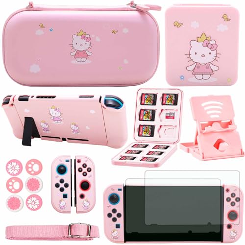 YOOWA Accessories Bundle for Nintendo Switch - Pink Cute Kawaii NS Accessory Kit with Cartoon Carrying Case, dockable case, Screen Protector Set, Card Holder, Stand for girls boys kids