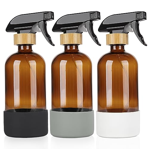 HOMBYS Empty Bamboo Glass Spray Bottles with Silicone Sleeve Protection - Refillable 17 oz Amber Glass Containers for Cleaning Solutions, Essential Oils, Misting Plants - Quality Sprayer - 3 Pack