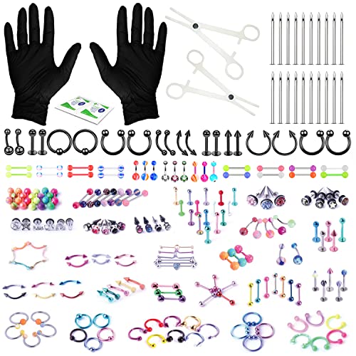 BodyJ4You 156PC Body Piercing Kit | Belly Ring Nose Septum Tragus Ear Cartilage Industrial | Horseshoe Ring Hoop Barbell Stud Spike | 14G 16G Black | RANDOM Mix Jewelry