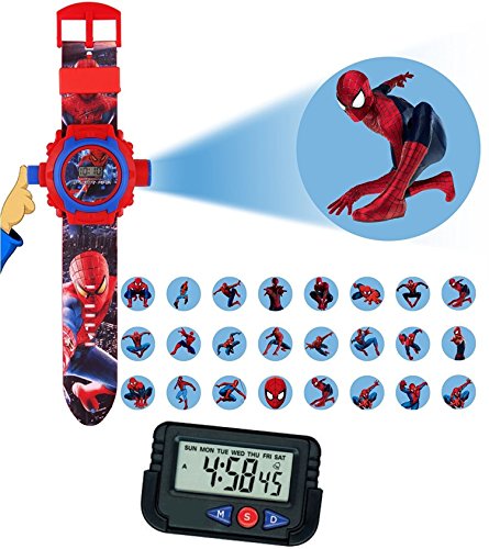 Pappi Haunt Kids Favourite - Pack of 2 Spiderman Projector Wrist Band Watch for Kids, Children & Car Dashboard, Office Desk Alarm Table Clock with Stopwatch & Flexible Stand