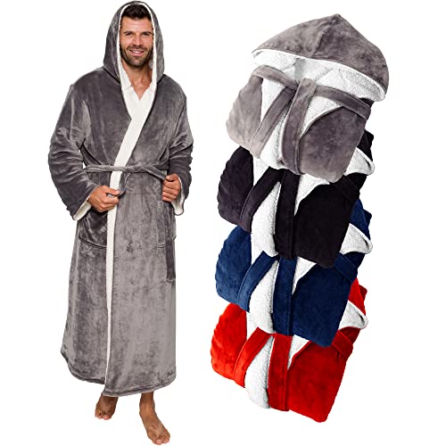 Ross Michaels Mens Robe Big & Tall Sherpa Lined Hooded Robe - Long Plush Fleece Bathrobe (Gray, Large/X-Large)