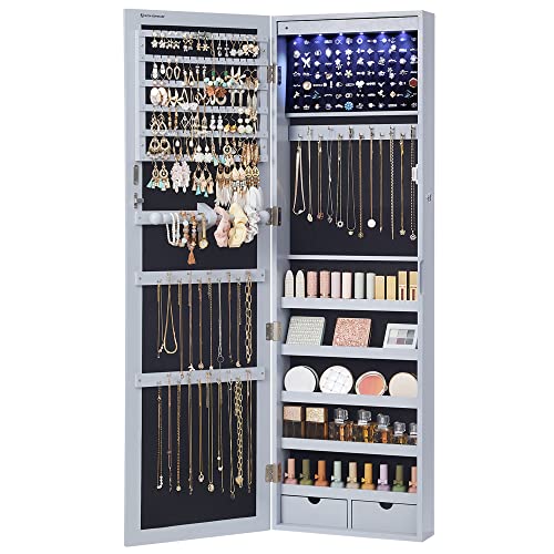 SONGMICS 6 LEDs Mirror Jewelry Cabinet, 47.2-Inch Tall Lockable Wall or Door Mounted Jewelry Armoire Organizer with Mirror, 2 Drawers, 3.9 x 14.6 x 47.2 Inches, Christmas Gifts, Gray UJJC93GY