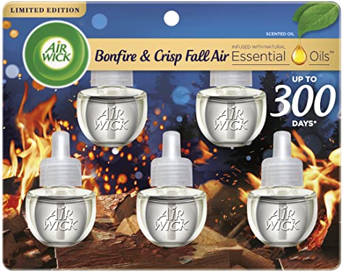 Air Wick Plug in Scented Oil Refill, 5ct, Bonfire and Crisp Fall Air, Essential Oils, Air Freshener Fall Scent, Fall décor